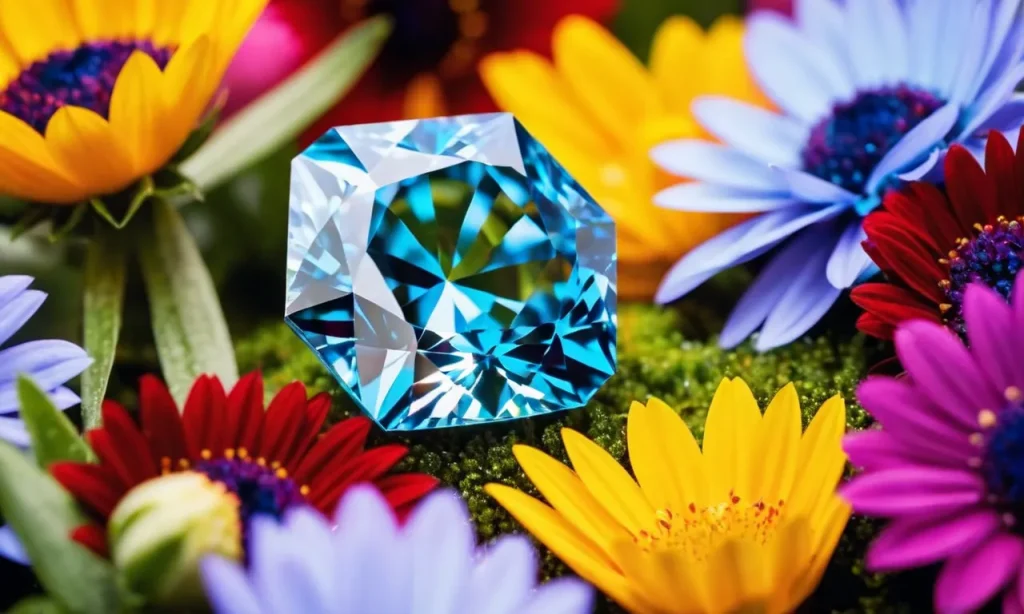 A captivating photograph capturing a serene blue diamond resting on a bed of vibrant flowers, emanating a sense of enlightenment and spiritual connection.