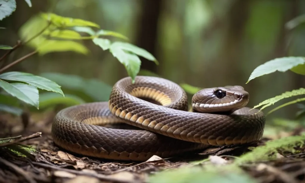 A captivating photo captures a brown snake slithering amidst a dense forest, symbolizing transformation, healing, and wisdom in spiritual beliefs.