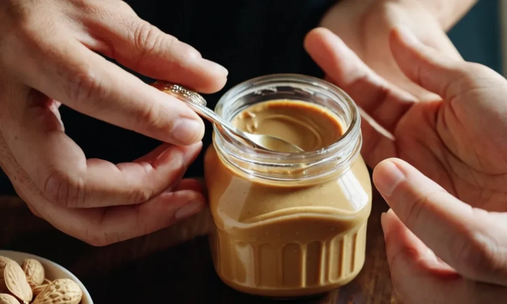 A close-up photograph of a person's hands, gently clasping a jar of creamy peanut butter, capturing the anticipation and longing for a divine connection through the simple pleasure of indulging in this earthly delight.