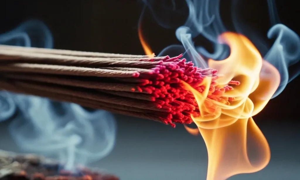 A close-up photo capturing wisps of fragrant smoke rising from a burning dragon blood incense stick, symbolizing spiritual purification and connection to ancient mystical realms.