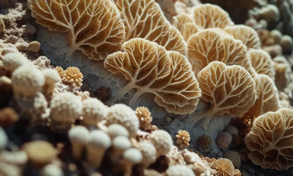 A close-up shot capturing the intricate details of a fossilized coral, bathed in soft light, symbolizing the ancient wisdom and deep spiritual connection to the cycle of life and nature.