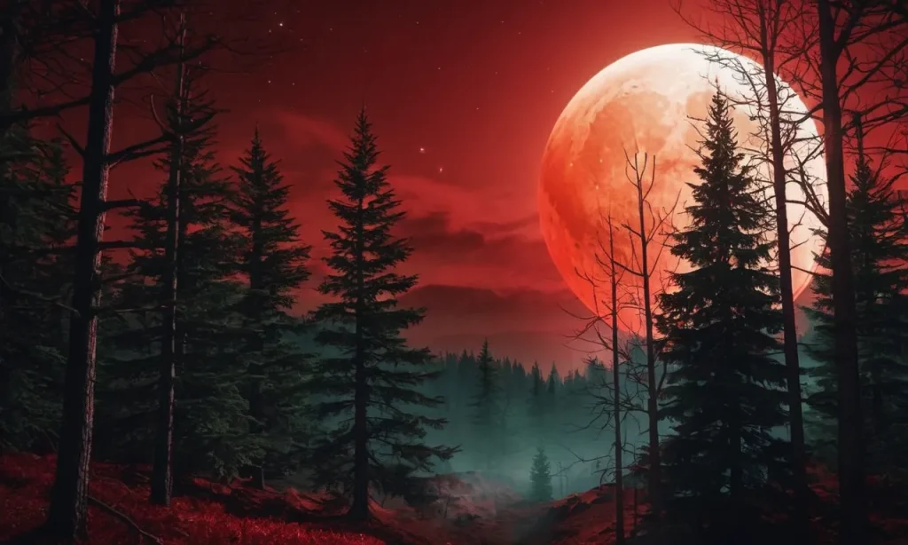 A breathtaking image capturing a blood-red moon emerging from behind a mystical forest, symbolizing the cyclical nature of spiritual growth and transformation.