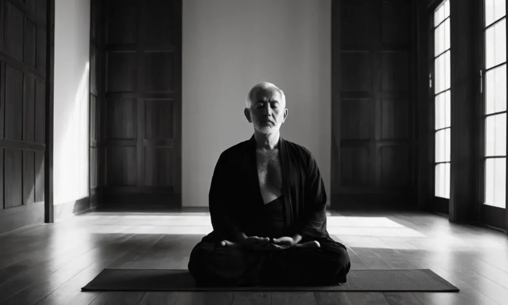 A captivating black and white photo captures a solitary figure meditating in a dimly lit room, symbolizing the profound connection between darkness and spiritual enlightenment.