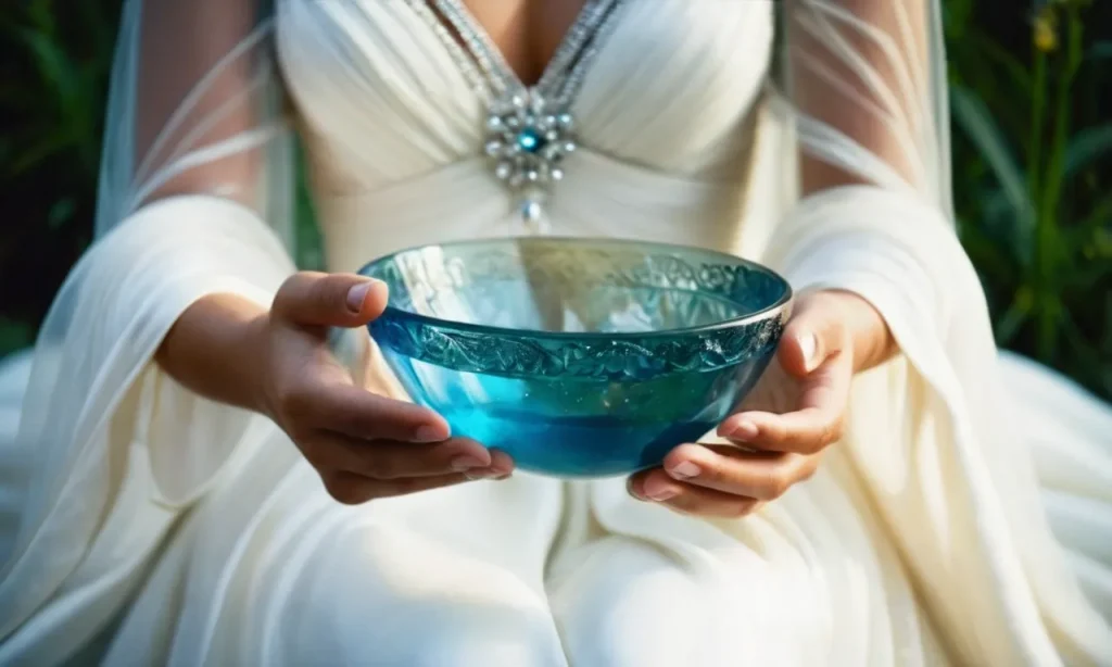A dreamy, ethereal photo capturing a person in a flowing white gown, gracefully holding a crystal-clear vessel filled with water, symbolizing the spiritual journey of carrying life's essence and nourishment.