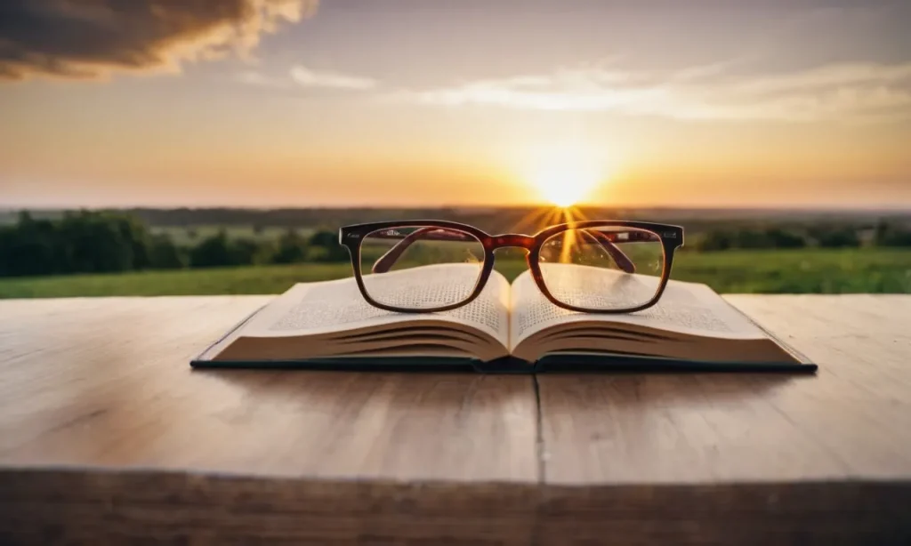A close-up photo of a pair of eyeglasses resting on an open book, capturing the reflection of a serene sunset, symbolizing the clarity and wisdom gained through spiritual enlightenment.