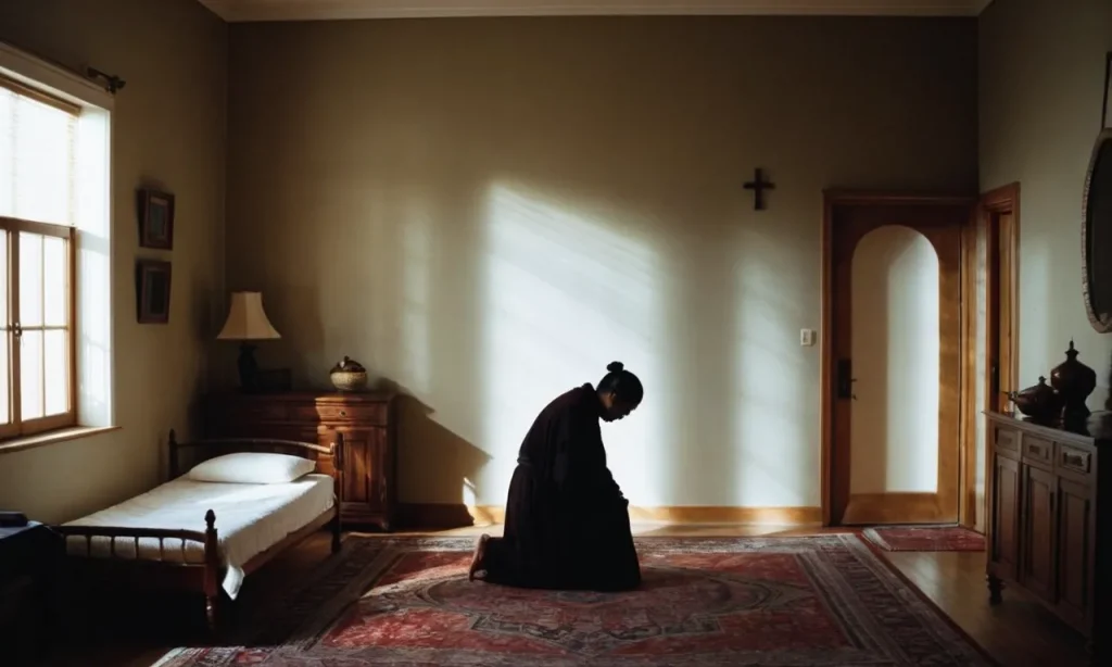 A dimly lit room, a solitary figure kneeling in prayer beside a bedridden loved one. Shadows dance on the walls, symbolizing the intricate connection between spirituality and the profound impact of illnesses.