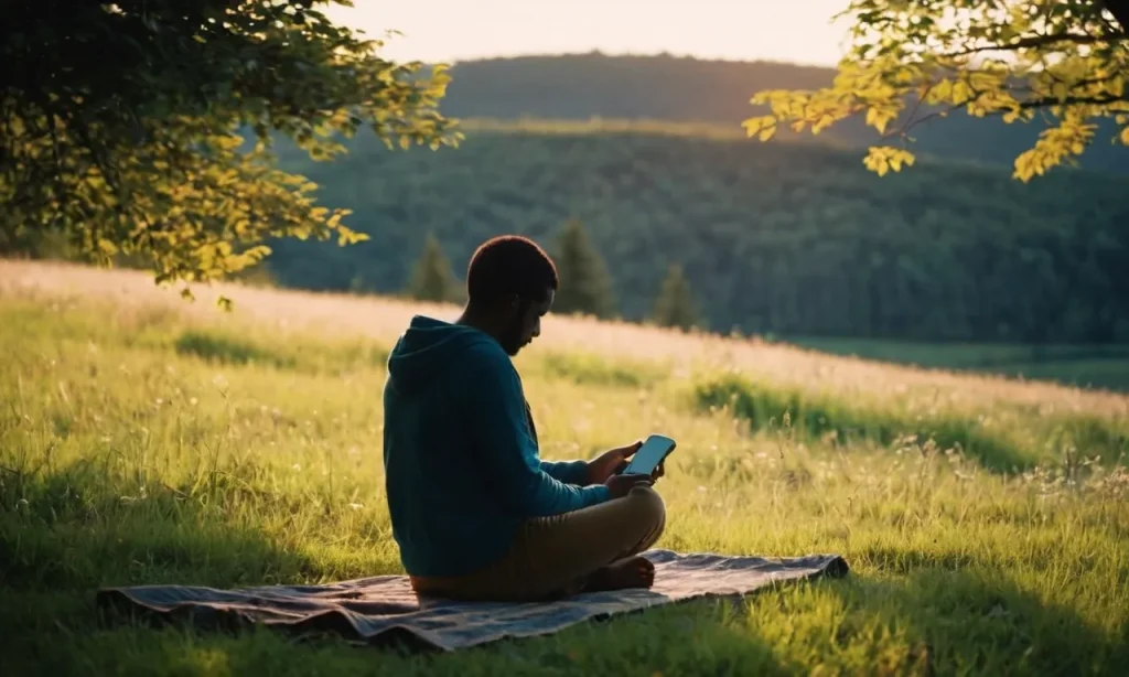 A tranquil sunset scene, where the silhouette of a person sits cross-legged amidst nature, their hands gently cradling an empty void where a phone once was, symbolizing the liberation and tranquility found in det