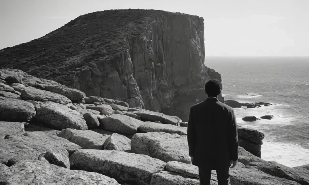 A serene black and white photograph captures a solitary figure standing on a rocky cliff, gazing out into the vast ocean, symbolizing Landon's spiritual connection to the eternal and infinite.