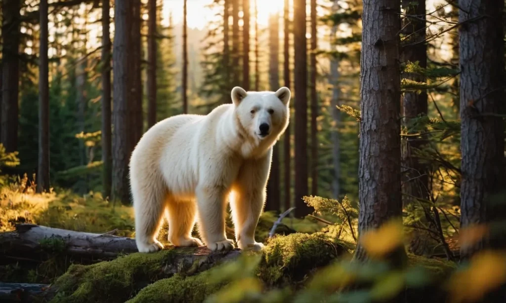 A captivating photo capturing a tranquil forest scene, bathed in soft golden light, where a lone spirit bear stands tall, symbolizing the profound connection between nature and our inner selves.