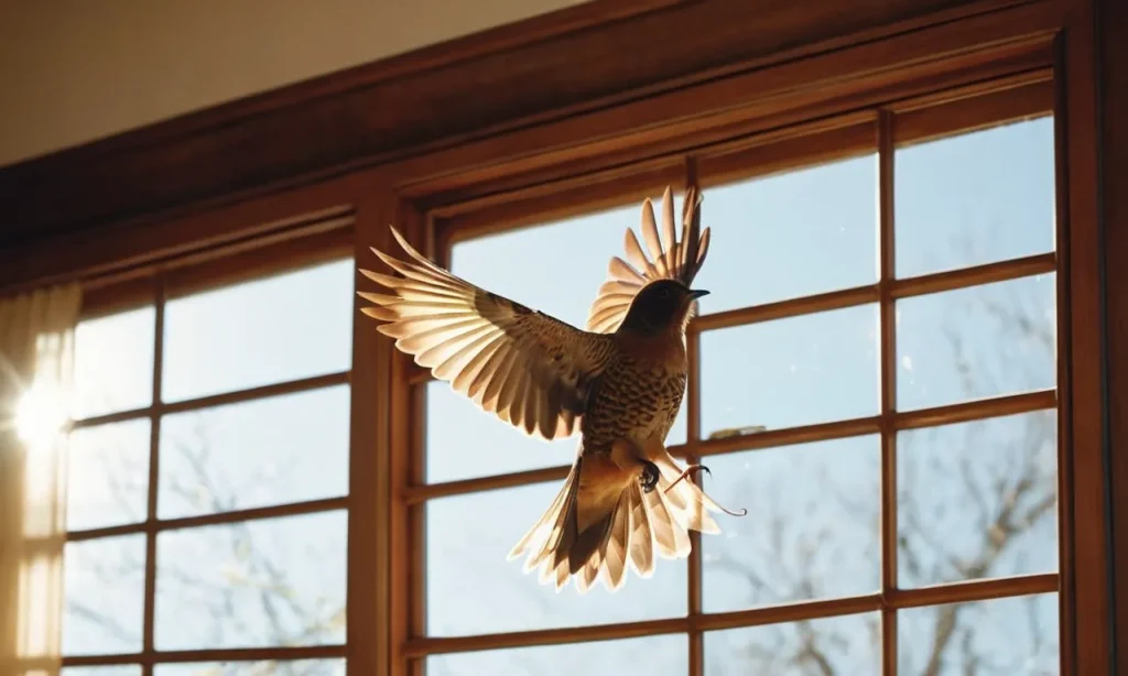 A captivating photo capturing the essence of a tranquil brown bird soaring through the open window of a sunlit home, symbolizing spiritual guidance and messages from the divine.