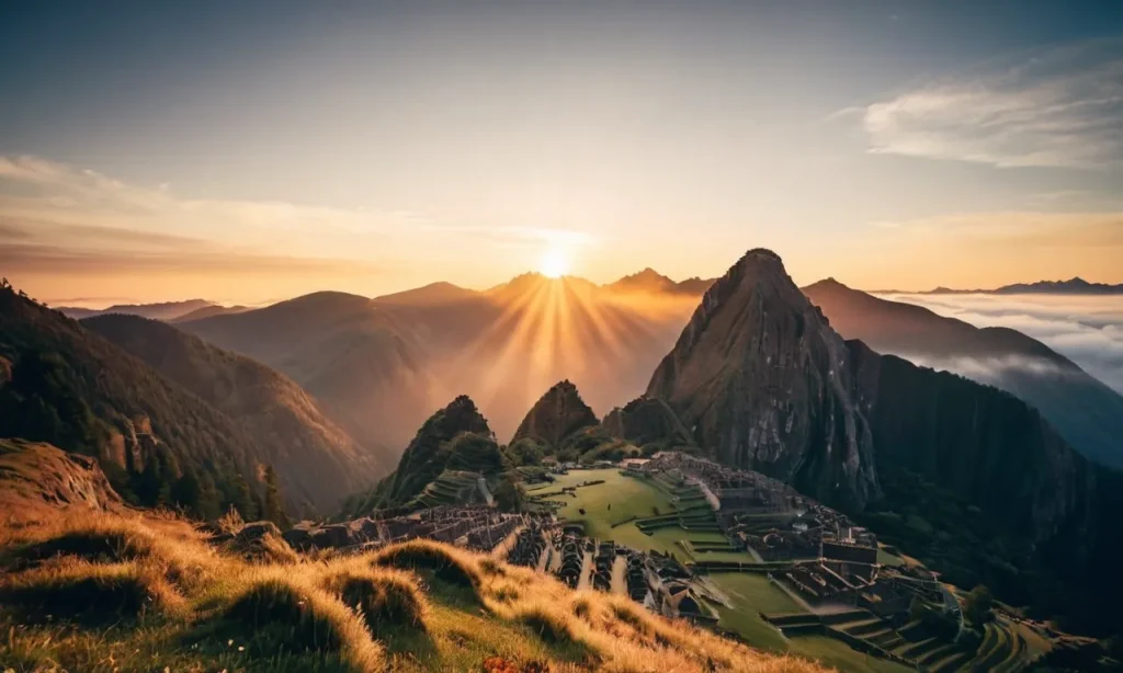 A vibrant sunrise over a misty mountaintop, casting a golden glow, symbolizing the spiritual meaning of glory - the divine presence illuminating the world with awe-inspiring beauty and transcendence.