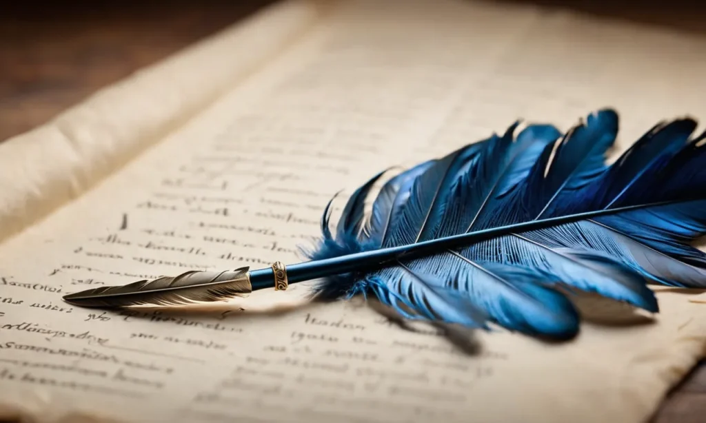 A close-up photo captures a delicate blue feather quill pen gracefully gliding across parchment, symbolizing the transcendent connection between writing and spirituality.