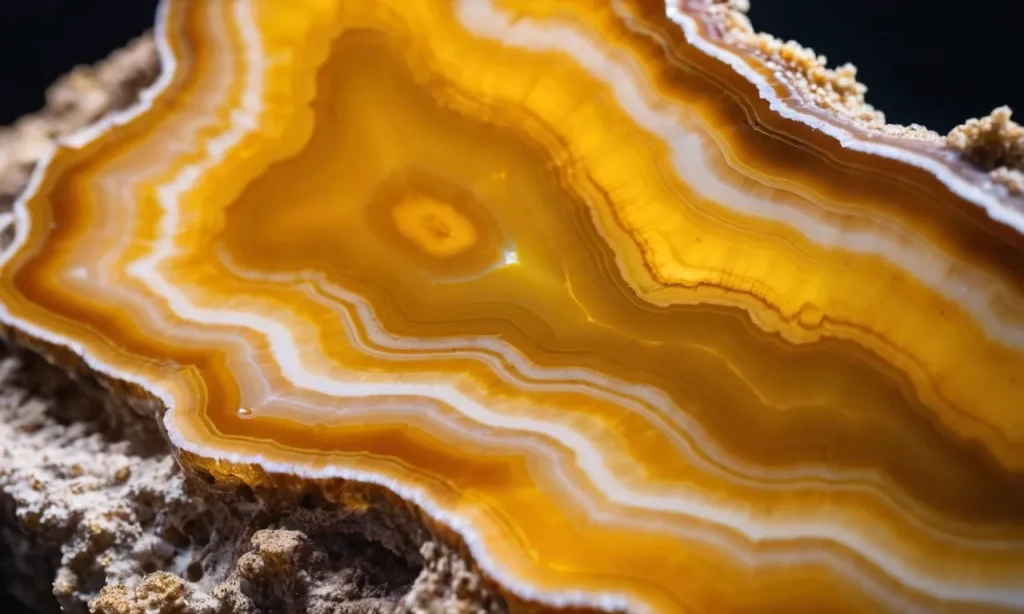 A stunning close-up shot of a vibrant yellow agate crystal, radiating a sense of warmth and positivity, symbolizing spiritual growth and enlightenment.
